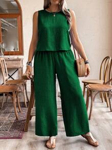 Weeklong Pure 2pcs Plus Size Solid Color Sleeveless Top And Pants Set, Simple And Fashionable For Summer - Dark Green - View 5