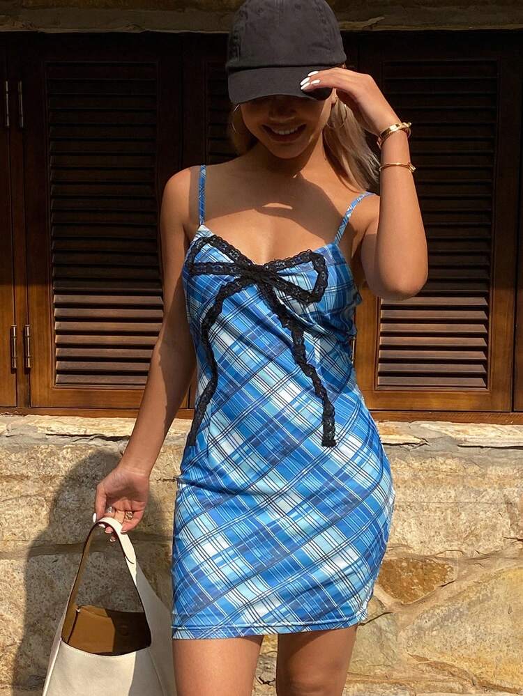 Lace Bowknot Gingham Mini Slip Dress, Bodycon For Women, Summer Resort Wear,Casual Women Dresses Plaid Vacation Cruise Outfit For Women
