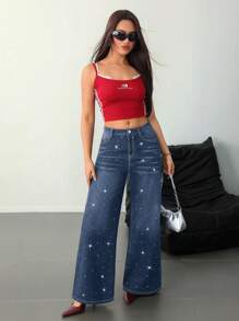 SHEIN Tall 女士牛仔裤 女式高腰牛仔裤 黑色低腰宽松闪亮水钻牛仔裤 闪亮牛仔裤 宽松女式牛仔裤 低腰宽松牛仔裤 女式下装 亮片裤 闪光裤 女式高腰裤 - 深色水洗藍 - 查看 6