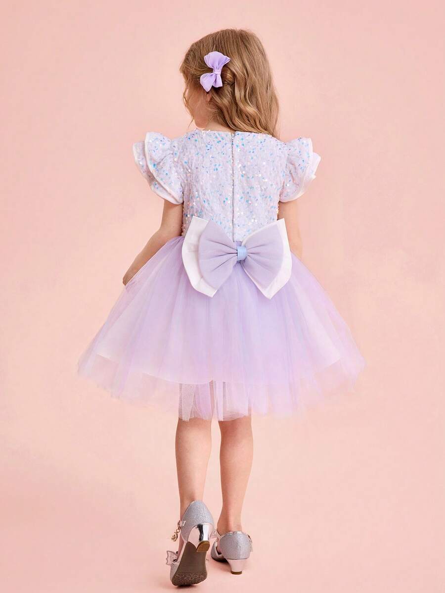 SHEIN Kleine Mädchen Schleifendekor Gewebtes Kontrastnetz Rüschensaum Enges Minikleid, Partykleid - Verschiedenfarbig - Übersicht 1