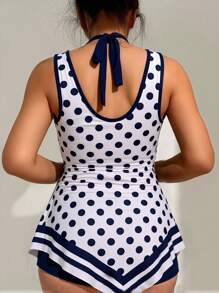 SHEIN 2pcs/Set Summer Elegant Bowknot Solid Splice Polka Dot Print Flounce Crop Top And Solid Color Briefs Tankini Swimwear - Multicolor - View 2