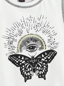 ROMWE Butterfly & Eye Print Top-stitching Tank Top - White - View 3
