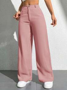 SHEIN PETITE Women's Casual Solid Color Straight Leg Pants - Dusty Pink - View 6