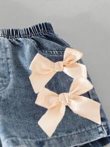 2 件套女童夏季服装 - 可爱幼儿蝴蝶结纯色 T 恤和浅色牛仔裤，休闲舒适 - 卡其色 - 查看 5