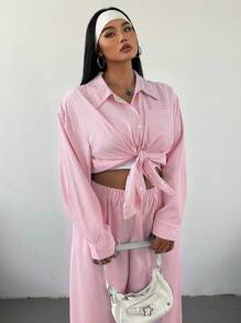 POPSWAY Conjunto informal de 2 piezas de manga larga con rayas azules y blancas en talla grande - Rosa vieja - Ver 7