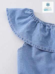 Denimly Tween 女童两件套：休闲露肩荷叶边衬衫和松紧腰阔腿柔软牛仔裤 - 淺色水洗藍 - 查看 7