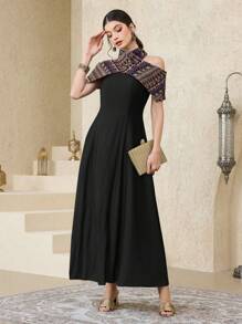 Al Najma Women's Elegant Contrast Color Off Shoulder A-Line Dress, Summer - Black - View 3
