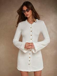 COSMINA Jednokolorowa damska sukienka mini z długim rękawem i frędzlami