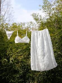 3 Stücke Set: BH + Höschen + langes Kleid, Hochzeitsbraut Unterwäsche-Set, hoch geschlitzter herzförmiger Bügel-BH mit Spitze, geraffter romantisch-sexy Damen Dessous-Set - Weiss - Übersicht 6