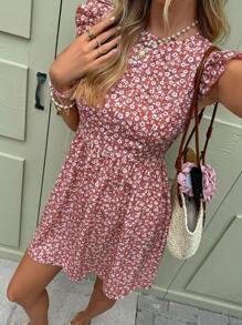 SHEIN Frenchy Váy ngắn cho nữ, cổ tròn có tay bay nhỏ, hở lưng có nơ, họa tiết hoa, dáng chữ A ôm eo, trang phục mùa hè cho nữ, thích hợp mặc hàng ngày - Nhiều màu - Xem 4