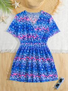 Tween Girls' Heart Print V-Neck Cover Up For Summer Vacation Summer Holiday