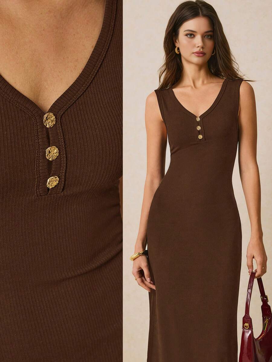 Poéselle Women's Button Design V-Neck Sleeveless Long Casual Dress,Business Casual Woman,Summer Dresses For Women - Brown - View 1