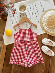 SHEIN Babygirl 可爱红色格子吊带背心连体衣，休闲夏季 - 紅白色 - 查看 2