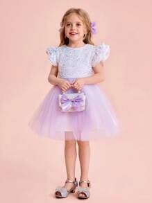 SHEIN Kleine Mädchen Schleifendekor Gewebtes Kontrastnetz Rüschensaum Enges Minikleid, Partykleid - Verschiedenfarbig - Übersicht 3