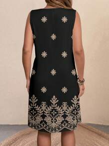 复古花卉印花无袖圆领及膝紧身女士度假连衣裙 A 字裙，休闲黑色花卉印花背心裙夏季女装太阳裙海滩女装 - 彩色 - 查看 2