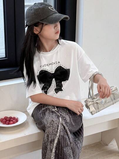 DAZY Tween Girl Round Neck Knit Printed Short Sleeve T-Shirt, Summer, Back To School Clothes