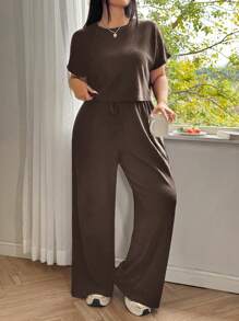 Solflare 大码纯色圆领短袖上衣和长裤休闲度假清凉感两件套，夏季/春季女装，春假