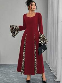 Modelyn Vestido talla grande con estampado de leopardo, contrastes de color y volantes en los puños - Rojo - Ver 5