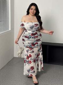 Vibekara Plus Size Women's Off Shoulder Printed Fish Hem Dress - Beige - View 3