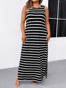 SHEIN LUNE Spring, Summer, Autumn Elegant Commuting Casual Women's Fashion Versatile Bestselling Striped Floral Pattern Fabric Round Neck Sleeveless Split Long Design Black & White Dress, Plus Size - Black and White - View 5