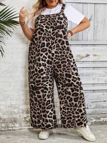 SHEIN CURVE+ Plus Size Leopard Print Jumpsuit, Simple And Fashionable, Suitable For Summer Boho Vacation - Brown - View 4