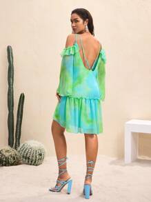 BY FELIZIA Women's Green Gradient Chiffon Printed Layered Ruffled Flared Long Sleeve Summer Resort Mini Dress - Multicolor - View 2