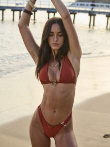 Aralina Vacation Boho Halter Ring Detail Thong Two Pieces Bikini Set With Swim Bag For Summer - Red - View 11