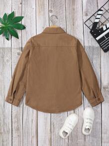 青少年男孩休闲日常纯色纽扣前口袋牛仔衬衫 - 咖啡棕 - 查看 2