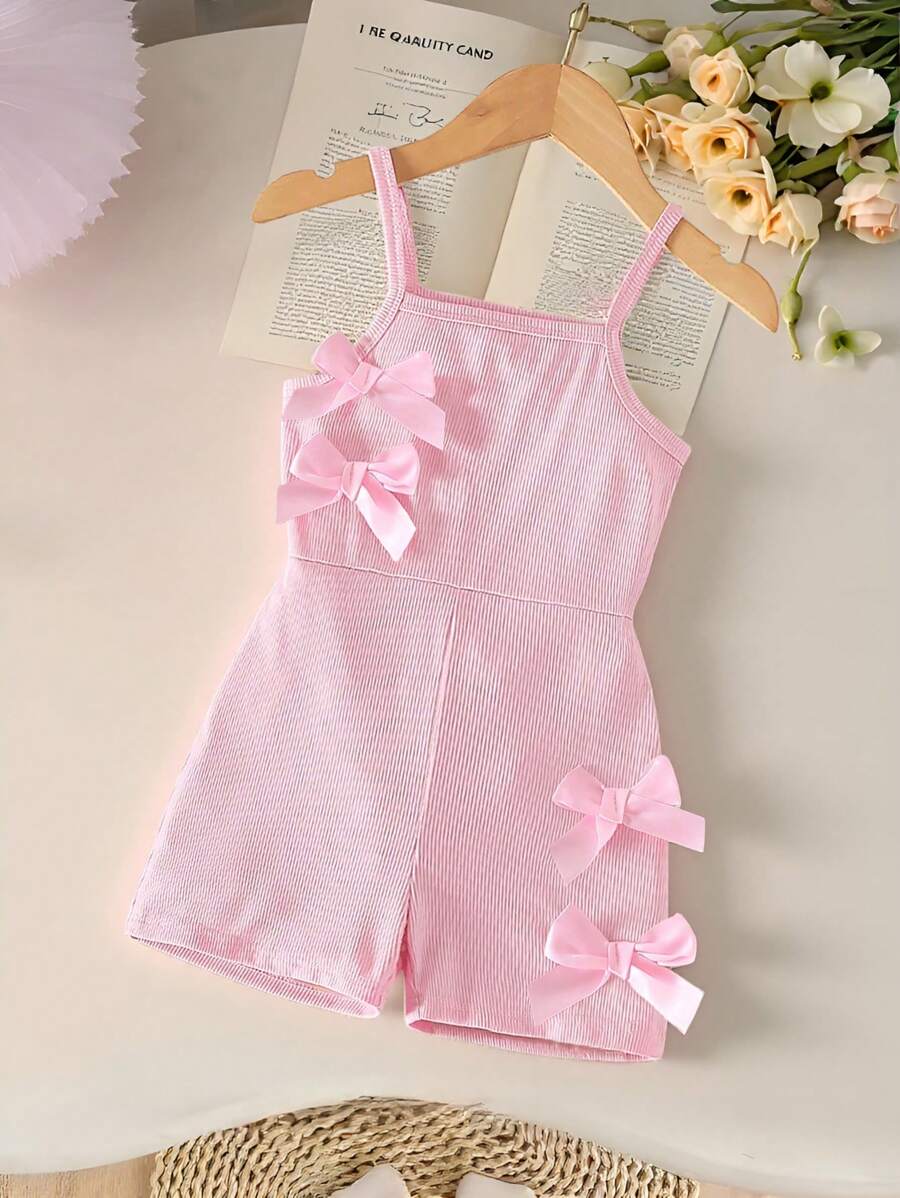 Elladie kids Mono corto de talle alto sin mangas con diseño de lazo 3D, fashionable y lindo, para uso casual diario en casa de niñas - Rosa - Ver 1