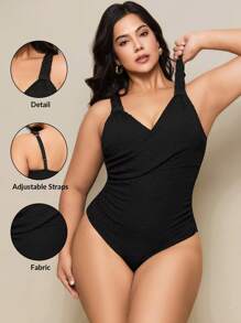Swim Basics Plus Size One Piece Swimwear, Minimalist Beach Holiday Style For Summer Beach Vacation - Black - View 1