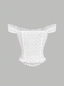 Sweetra Women's New Fashion Sexy Lace Trim Sweet Flattering Dual-Wear Blouse Top - White - View 2