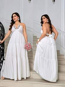 SHEIN Privé Abito lungo da donna in chiffon con scollo a sbuffo e maxi balza, adatto per resort, matrimonio, uscite, appuntamenti al mare, stampa floreale a contrasto di colori, abito lungo da resort tropicale