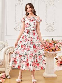 Teen Girl Vacation Retro French Floral Print Ruffle Hem Maxi Dress,Holiday,Summer,Travel - White - View 5