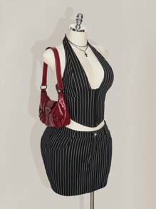 SHEIN ICON Plus Size Striped Halter Neck Backless V-Neck Top And Striped Bodycon Skirt 2 Pieces Set - Black and White - View 7