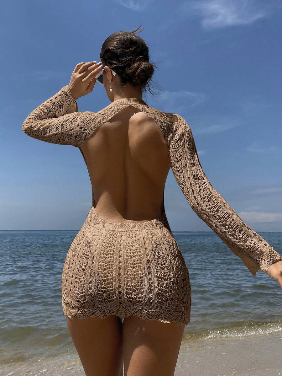 Swim Vcay Springbreak 女士纯色镂空露背连衣裙 - 卡其色 - 查看 1