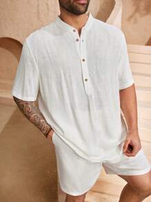 EASEVO Plus Size Men's Woven Shirt & Shorts Set