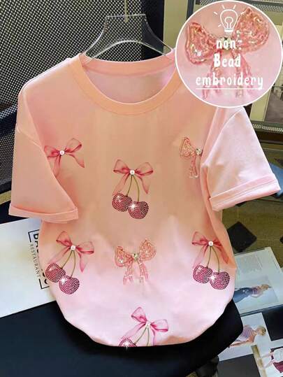 夏季水果、樱桃、蝴蝶结和珍珠印花 T 恤，时尚休闲女士大码 T 恤