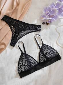SHEIN Elacene 2件情人节性感透明心形提花无钢圈网眼内衣文胸和内裤套装 - 黑色 - 查看 5