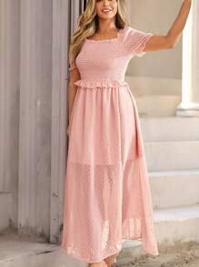 KURAYIA Plus Size Women's Elegant Square Neck Short Sleeve Slit Hem Dress - Coral Pink - View 4