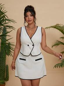 Calvaya White Contrast Trim Business Casual Minimalist Blazer Vest And Mini Skirt 2Pcs Suit, Chic & Stylish For Spring/Summer Graduation,Back To School,Teacher Outfits For Women - Apricot - View 1