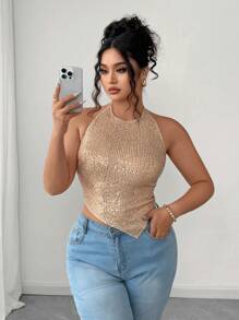 Elenzga Áo dự tiệc/club lấp lánh, bất đối xứng, gợi cảm dành cho nữ cỡ lớn - Rượu sâm banh - Xem 3