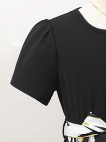 SHEIN Vestido de manga corta con lazo floral y cinturón acanalado en negro y dorado para niña preadolescente