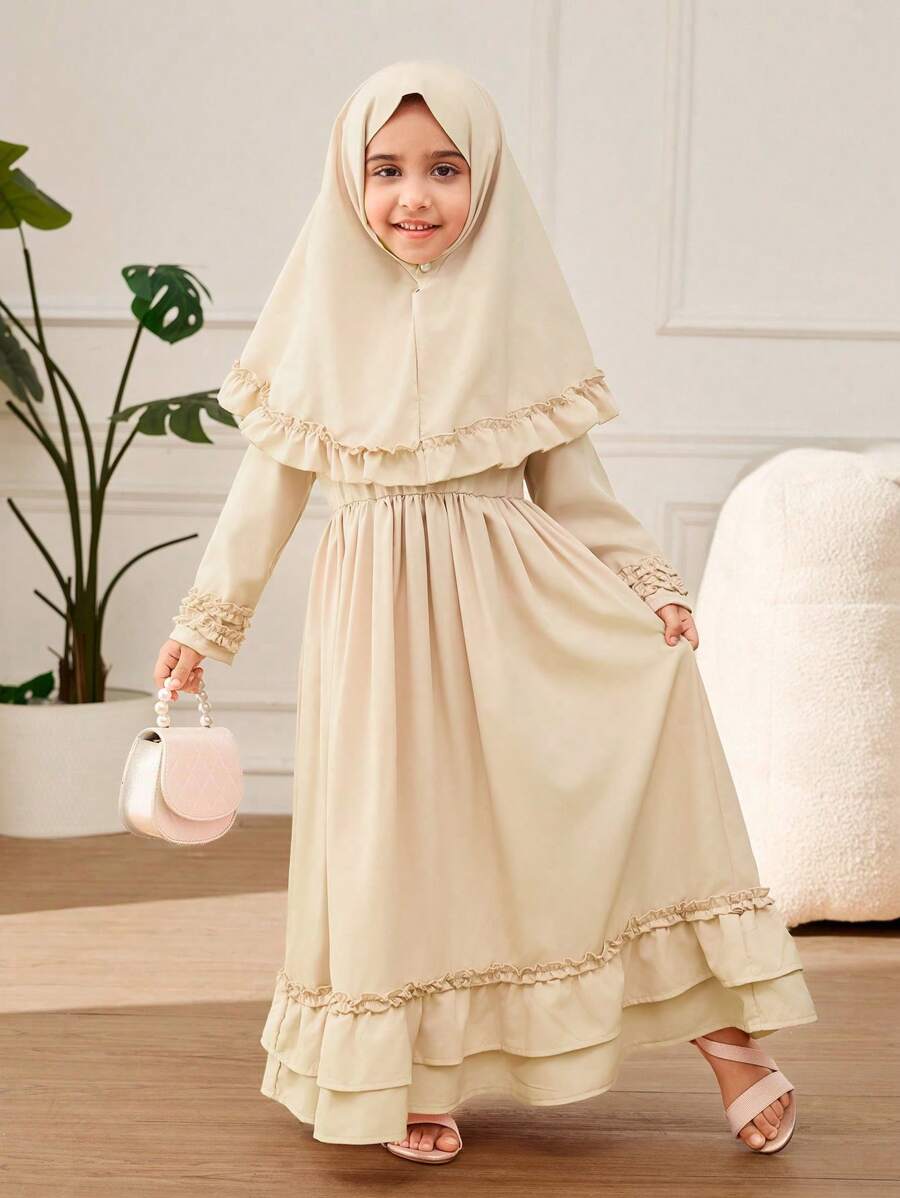 Young Girl A-Line Ruffle Trim & Headband Dress - Apricot - View 1