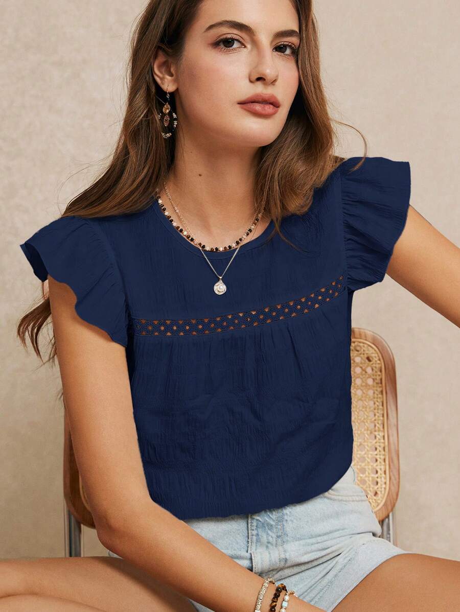 Poéselle Summer Vacation Wedding Season, Excellent Ruffle Trim Solid Color Blouse, Cute Top, Elegant , Boho Chic, Casual Style, Essential, - Navy Blue - View 1