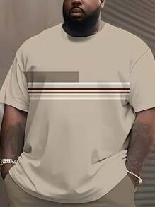 Manfinity Homme Camiseta de manga corta de cuello redondo con estampado de rayas para hombres de talla grande en verano