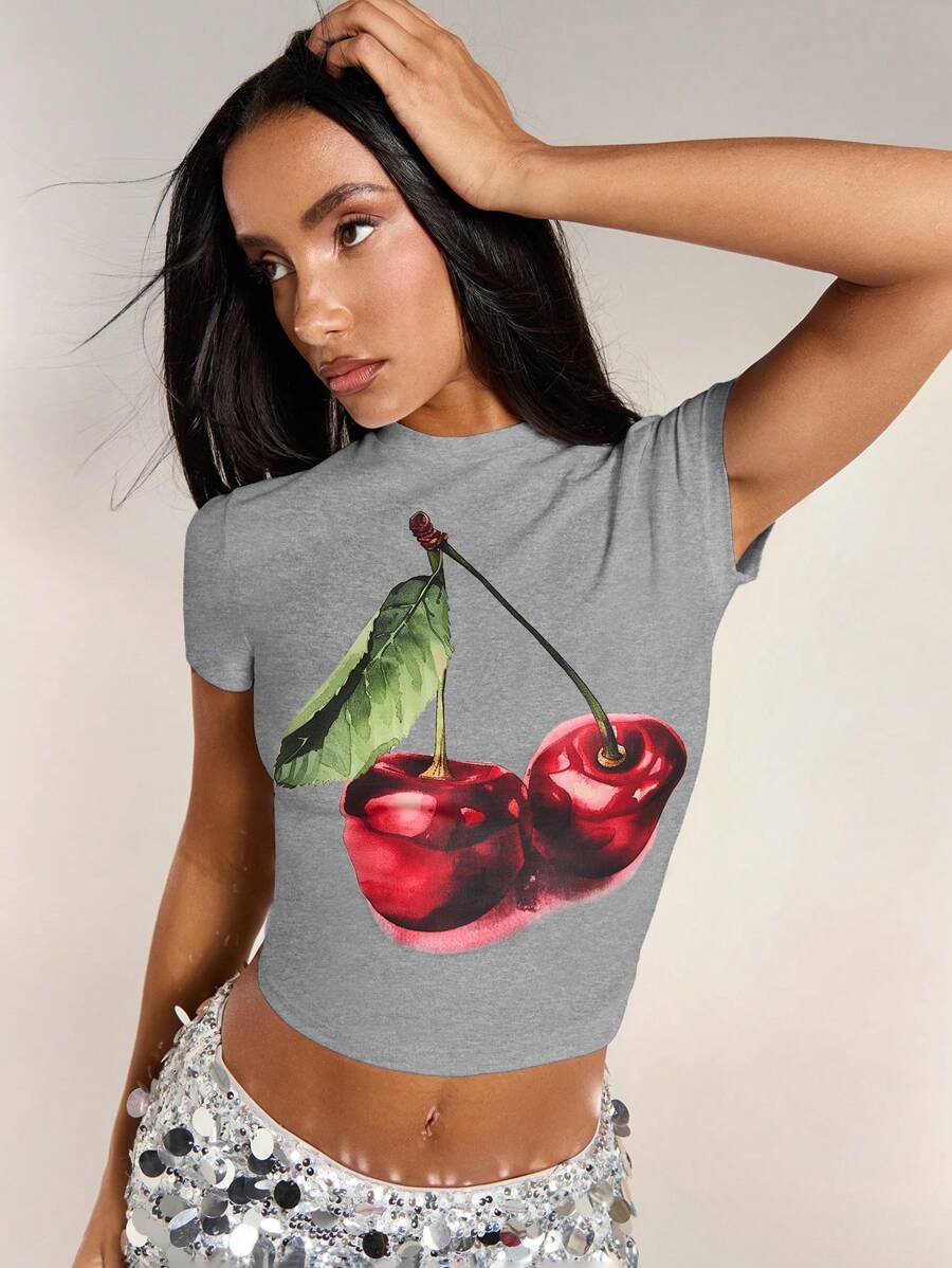 SHEIN BAE Damen T-Shirt mit Chreey Frucht Grafik-Muster, Rundhalsausschnitt und Kurzarm, einfache, lässige Schulkleidung, geeignet als weißes Sommer-Top für Ausflüge - Hellgrau - Übersicht 1