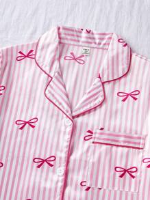 SHEIN 少女粉色蝴蝶印花上衣，带领带和系带，长袖和长裤 2 件套睡衣套装，优雅风格
