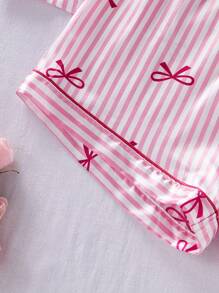 SHEIN 少女粉色蝴蝶印花上衣，带领带和系带，长袖和长裤 2 件套睡衣套装，优雅风格