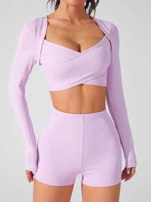 SHEIN Sovereign Charm Women Minimalist Solid Color Cropped Top And Flared Pants Sports Suit - Pink - View 3