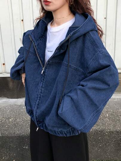 FRIFUL 女式秋季长袖拉链连帽抽绳牛仔夹克，返校服装